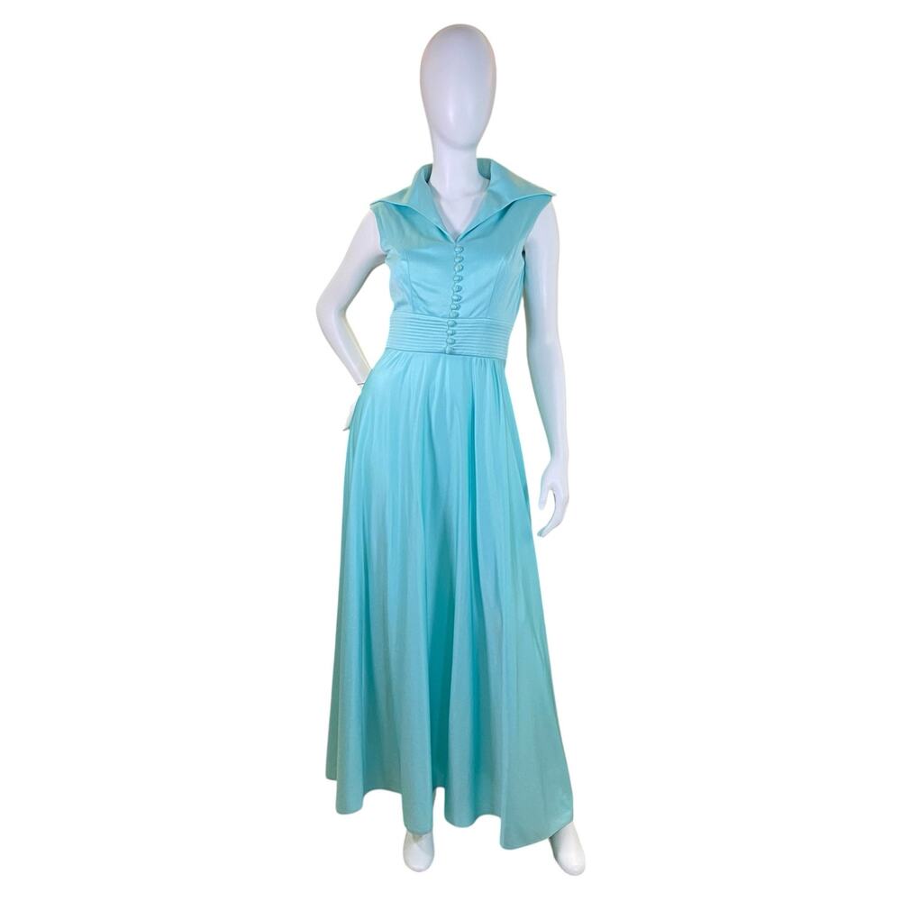 1970s Aqua Blue Evening Gown Maxi Dress High Neck Formal Hostess Dress